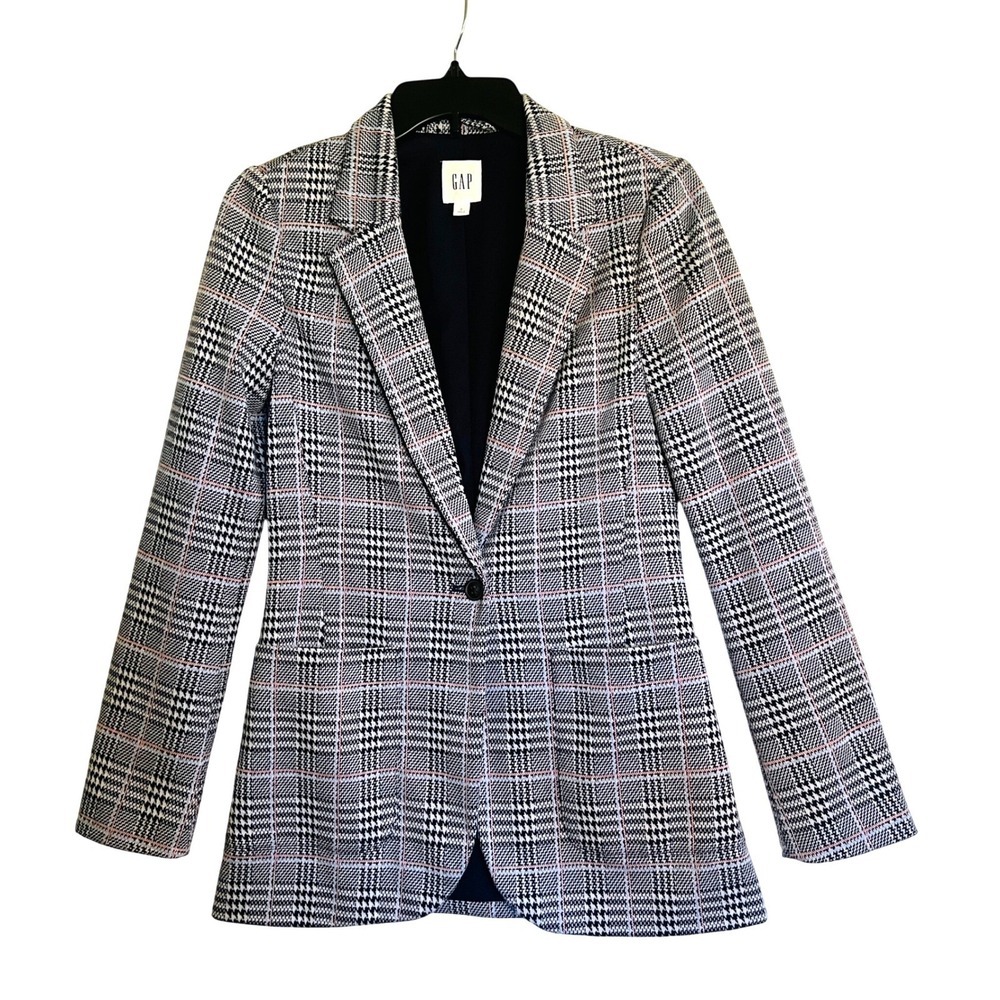 GAP Plaid Blazer Size 0 Navy Blue White Pink Houndstooth Dark Academia Preppy